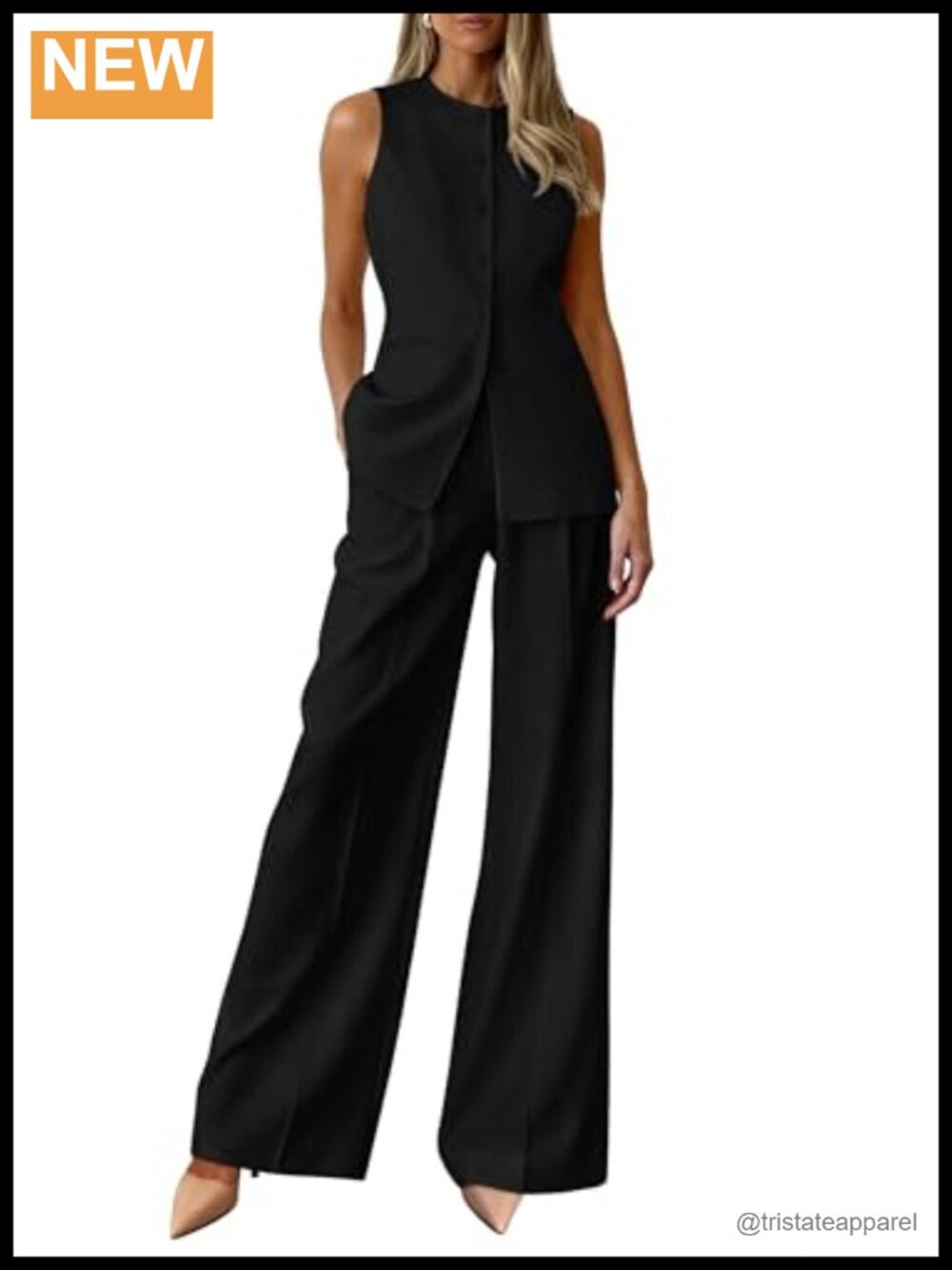 Women's 2 Piece Pantsuit Set Sleeveless Vest Wide Leg Pants Business Casual